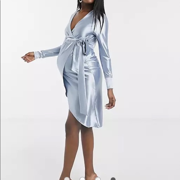 NWT Maternity Blue Satin Wrap Cocktail Midi Dress Size 10 - Picture 4 of 16